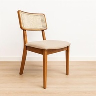 Cadeira de Jantar Lilia em Madeira Maciça com Estofado em Linho Bege e Encosto Rattan - Design Elegante e Confortável - imagem 2