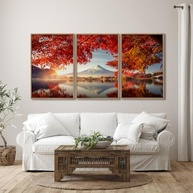 Quadro Decorativo Triplo Monte Fuji com Folhas Vermelhas - 3 Telas em Madeira 60x90cm com Vidro - imagem 3