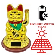 Gato da Sorte Dourado Maneki Neko com Mão Balançando e Carregamento Solar - Decore com Energia Positiva - imagem 4