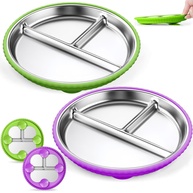 Pratos Infantil Aço Inox com Sucção | 2 Unidades 23cm, Mangas Silicone Antiderrapantes, Design Dividido, Sem BPA - imagem 1