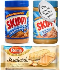 Manteiga Pasta de Amendoim Americana SKIPPY Proteína Vegetal Natural Original - Cremosa e Crocante 462g cada + Biscoito ROMA Sandwich recheado com Manteiga de Amendoim 206g + Colher Personalizada - imagem 1