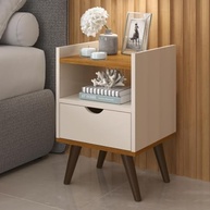 Mesa de Cabeceira Alice Retrô com 1 Gaveta e Nicho - Design Off White e Freijó - imagem 2