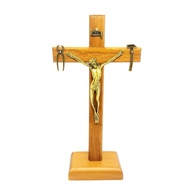 Crucifixo de Mesa Nossa Senhora da Salette 18 cm Madeira Clara - Decoração Sagrada com Cristo em Metal - imagem 1