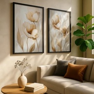 Kit 2 Quadros Decorativos Folhas Bege Verde - Minimalista Natureza para Sala Clean com Moldura - imagem 2