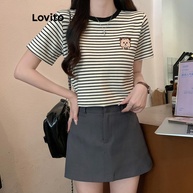 Camiseta Casual Listrada Colorblock Bordada Lovito - Estilo Moderno - imagem 2