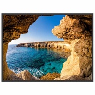 Quadro Decorativo 90x60 cm com Moldura de Madeira Premium - Paisagem Gruta Mar para Sala, Quarto e Escritório - imagem 1