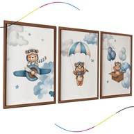 Conjunto de 3 Quadros Decorativos Infantis Urso Aviador Azul - Moldura Marrom para Quarto de Bebê - imagem 1