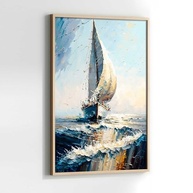 Quadro com Moldura Pintura Barco Céu Azul - Arte Decorativa Vertical para Sala e Quarto - imagem 4