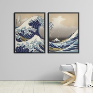 Kit Quadros Decorativos Mosaico A Grande Onda de Kanagawa | Moldura Premium + Proteção em Vidro Acrílico 40x30cm - imagem 1
