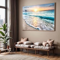 Quadro Decorativo com Moldura e Acrílico - Paisagem de Ondas e Pôr do Sol para Sala e Quarto - imagem 2