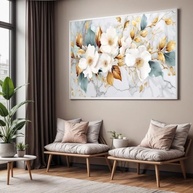 Quadro Decorativo com Moldura Sala 90x60cm Floral Branco Dourado Abstrato Luxo Grande Horizontal - imagem 4