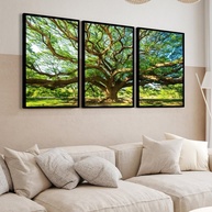 Quadro Decorativo Arvore Paisagem Folhas Verde - Kit com 3 Unidades em Moldura de Madeira - imagem 1