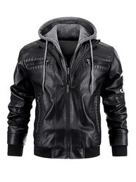 Jaqueta masculina de couro para motocicleta, caimento justo, com capuz, casaco de poliuretano, casual, à prova de vento - imagem 2