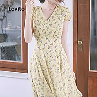 Lovito Vestido Boho Amarelo Plissado – Estilo Boho para Mulheres - imagem 2