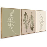 Kit 3 Quadros Decorativos Folha Verde Minimalista Natural com Moldura - 43x32cm Carvalho - imagem 1