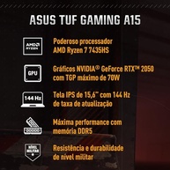 Notebook ASUS TUF Gaming A15, GeForce RTX 2050, AMD RYZEN 7, 8 GB, 512 GB SSD, KeepOS, Tela 15.6'' FHD, Graphite Black - FA506NFR-HN069 - imagem 2