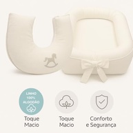 Combo Ninho Redutor Berço + Almofada Amamentação Bebê em Linho Bordado - Unissex Off White - imagem 3