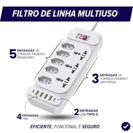 Régua de Energia 5 Tomadas + 3 Universais + 6 USB (2C) 2m 2500W Branca - Organize e Potencialize seu Espaço! - imagem 4