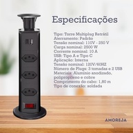 Torre Extensora Retrátil AMOREJA: 3 Tomadas + USB-C | Organize e Carregue! - imagem 5