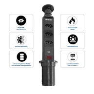 Torre de Tomada Retrátil Preta: 3 Tomadas 20A + USB e Tipo C - Organize e Carregue! - imagem 5
