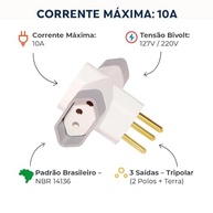 Kit 2 Adaptadores Tripolares T 3 Saídas 10A Bivolt - Organize e Expanda suas Tomadas! - imagem 3