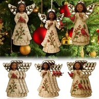 Ornamentos de Natal Afro-Americanos em Madeira - 12 Peças com Anjos e Pássaro Cardinal - imagem 2