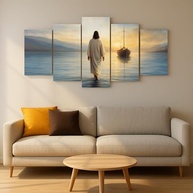 Quadro Jesus Cristo Andando Nas Águas - Painel 5 Peças em MDF 130x60cm | Decoração Religiosa Inspiradora - imagem 3