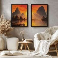 Kit 2 Quadros Decorativos Paisagem Laranja Pôr do Sol Montanhas Calma Natureza Sala Decorativa com Moldura - imagem 5