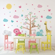 Adesivo de Parede Infantil Safari para Quarto de Menina - 43 Peças Coloridas com Árvore de 101x120cm - imagem 1