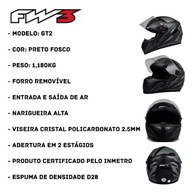 Capacete FW3 GT2 Preto Fosco: Estilo, Segurança e Conforto para Sua Pilotagem - imagem 3