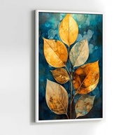 Quadro Decorativo Abstrato com Moldura - Planta Folhas Dourada Azul Verde para Sala e Quarto - imagem 4