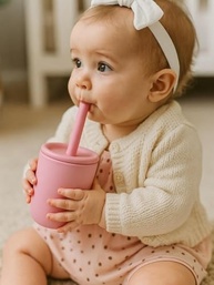 Kit Prato Ursinho Rosa com 3 Divisórias e Copo com Canudo de Silicone para Bebês - imagem 4