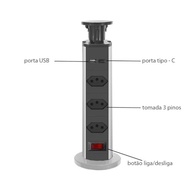 Torre de Tomada Retrátil Multiplug: 3 Tomadas 20A + USB-A + USB-C para Bancada - imagem 3