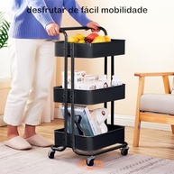 Carrinho Organizador 3 Níveis com Rodízios Giratórios - Metal Preto para Cozinha e Banheiro - imagem 5