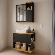 Conjunto Gabinete com Espelheira e Espelho para Banheiro Deca Aqua Potenza - Preto/Freijó - imagem 1
