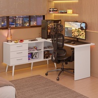 Escrivaninha Em L Mesa Para Computador Gamer 3 Gavetas Branco Lisboa Madesa - imagem 1