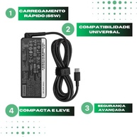 Fonte para Notebook Lenovo Dell HP USB-C 3.1 20V 65W - Compatível com Galaxy Book 4 e 3 Lenovo E14 Gen 2 ThinkPad E580 E585 E590 E590S E595 T480 T490 T580 Yoga C940 C740 com Cabo de Força bivolt - imagem 3