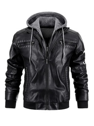 Jaqueta masculina de couro para motocicleta, caimento justo, com capuz, casaco de poliuretano, casual, à prova de vento - imagem 1
