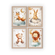 Kit 4 Quadros para Quarto de Bebê - Tema Nuvem e Animais Fofos - Moldura em Madeira Premium - imagem 2