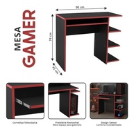 Mesa Escrivaninha para Computador com Estante Lateral - Design Moderno para PC Gamer e Escritório (Preto e Vermelho) - imagem 3