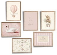 Conjunto de Arte de Parede Vintage Rosa - 6 Impressões em Tela para Berçário e Quarto Infantil com Coelho, Cisne e Flores - imagem 2