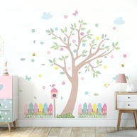 Adesivo de Parede Infantil Árvore Decorativa com Flores, Passarinhos e Borboletas - Lavável e Fácil Aplicação - imagem 1
