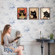 3 Peças de Arte de Parede Engraçada em Tela - Gato Japonês Vintage Comendo Ramen Sushi - Decoração Moderna e Divertida para Casa - imagem 3