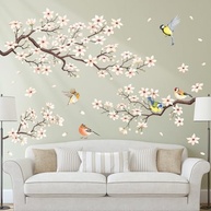 DECOWALL Ramo de Flor de Cerejeira Branco - Adesivo de Parede Removível para Decoração Floral com Pássaros - imagem 4