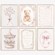 Arte de Parede Rosa para Berçário - Conjunto Vintage com Ursinho e Flores | Decoração Infantil Feminina em Tela - imagem 1