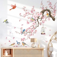 Adesivos de Parede Flores de Cerejeira Rosa - Decalque Floral com Pássaros para Sala de Estar e Quarto - imagem 1
