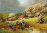 Paisagem de Primavera com Patos na Lagoa - Tela Canvas 30x43cm - Obra de Arte Original em Impressão Giclée - imagem 1