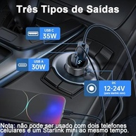 H'MASTON Cabo Carregador Veicular Starlink Mini: USB-C PD/QC, Display Digital 12V/24V, À Prova D'Água - Aventura Conectada! - imagem 3