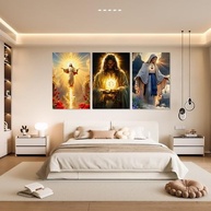 Tríptico de Luz Sagrada - 3 Peças com Figuras Celestiais | Arte Espiritual 20x30cm - imagem 3