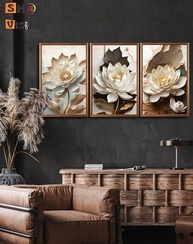 Quadro Decorativo Flor Lótus Abstrato Café Moderno - Kit 3 Peças 90x50cm - imagem 3